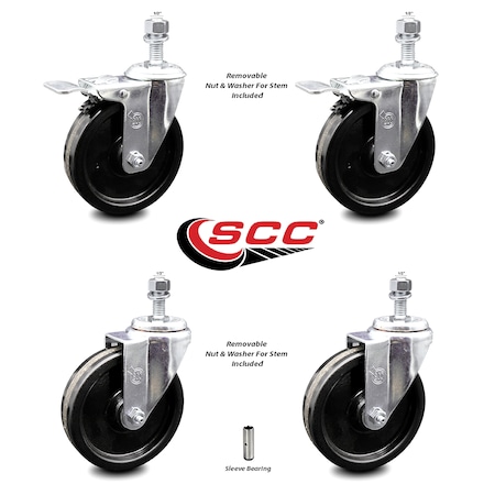 Service Caster 5 Inch Phenolic Wheel Swivel 1/2 Inch Threaded Stem Caster Total Lock Brake, 2PK SCC-TSTTL20S514-PHS-121315-2-S-2
